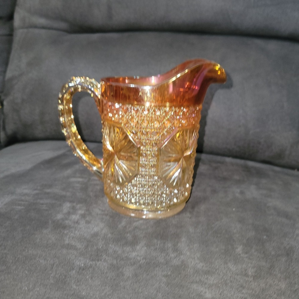 Imperial Carnival Glass Iridescent Marigold Star Medallion Vintage Small Pitcher